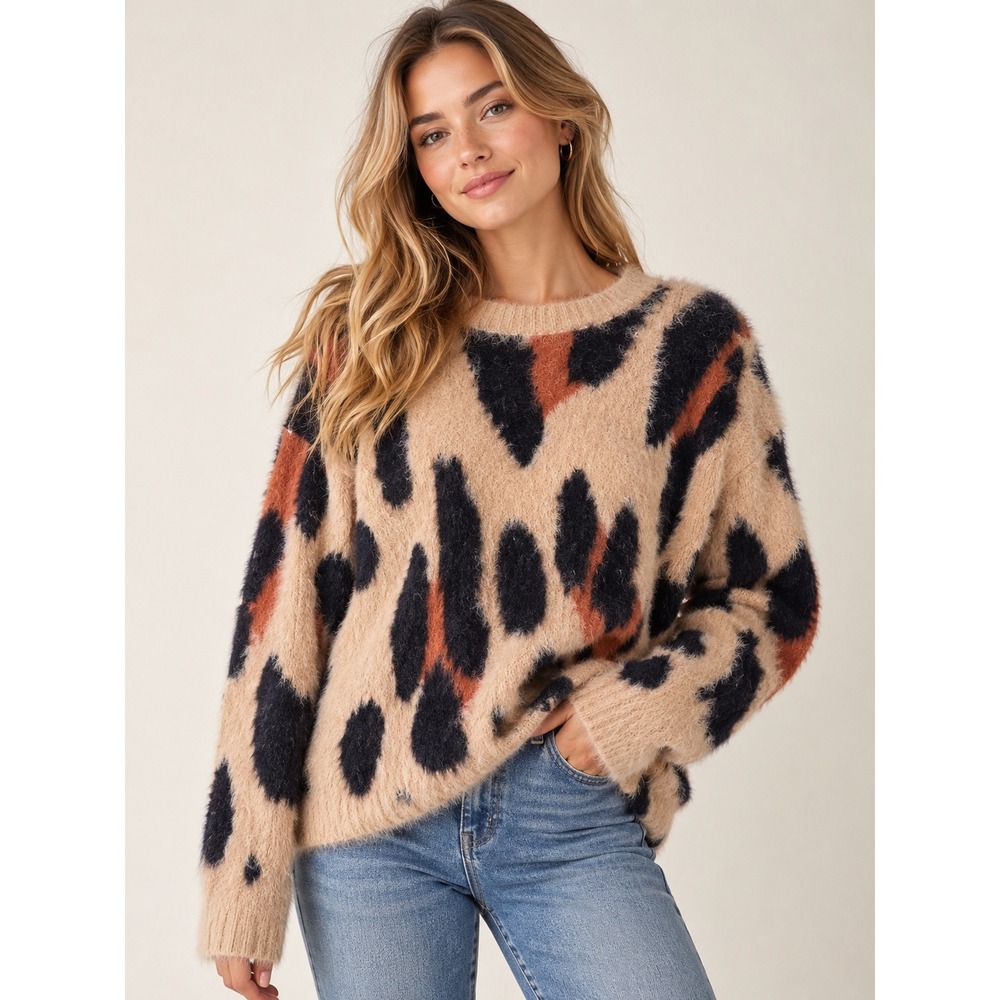 Evereve Womens Leopard Print Eyelash Knit Fuzzy Sweater Tan Black Rust Small